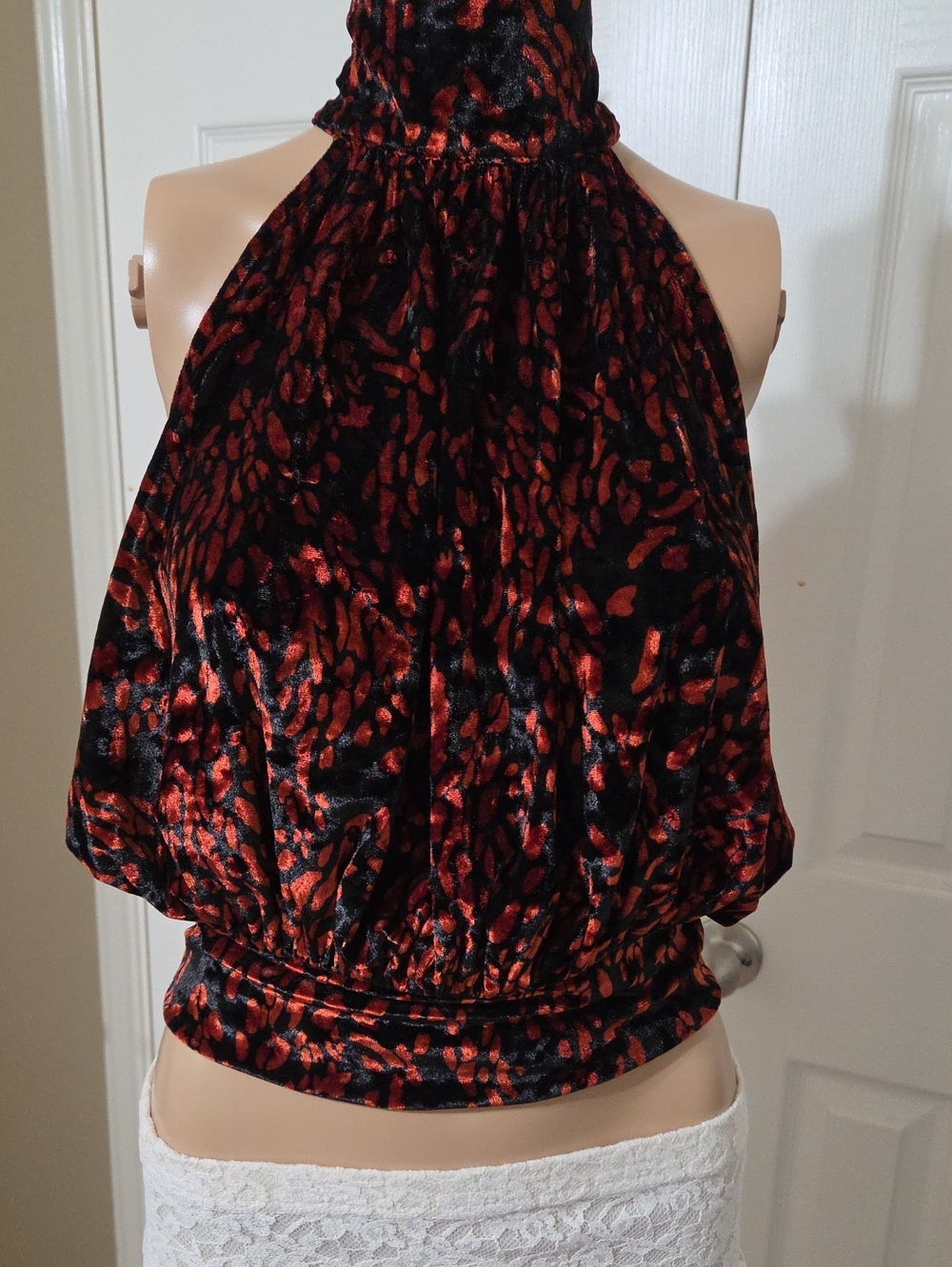 Free People Take A Break Halter Velvet Print  Size Small Eladtic Waist Mock Neck